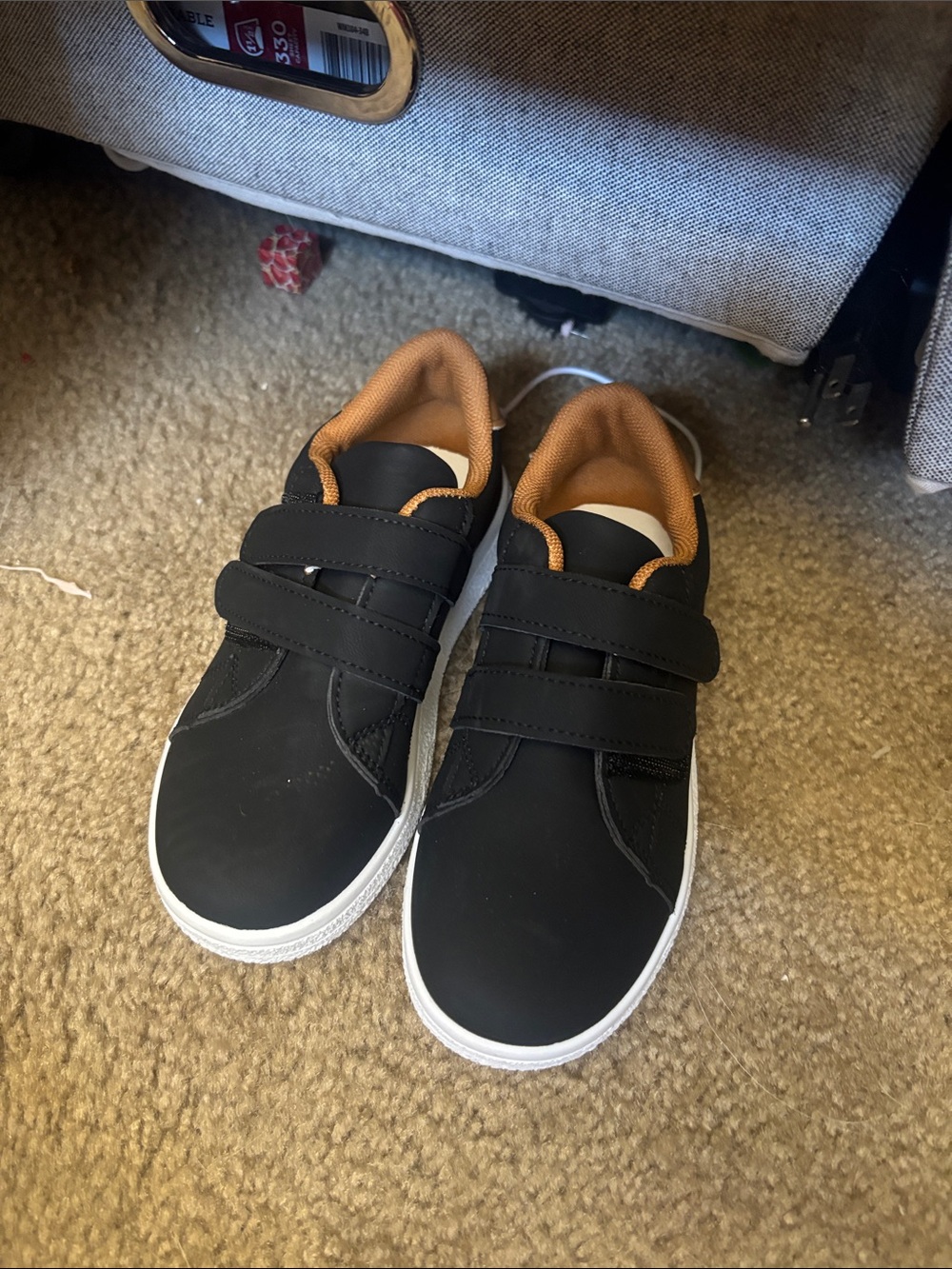Kids Black Casual Sneakers with Tan Lining - Velcro Closure never worn